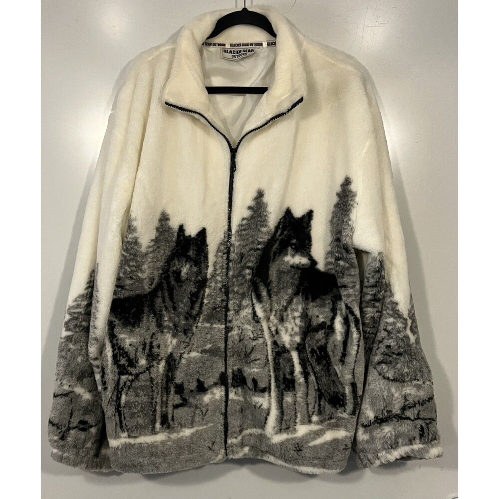 Vintage Glacier Gear Outdoor Wolves All Over Print Full Zip Fleece Jacket XL